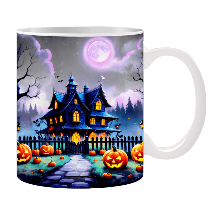 Tasse dunkles Haus mit lila Mond