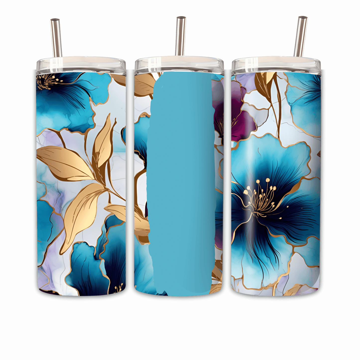Tumbler blaugoldene Blume Personlisierbar