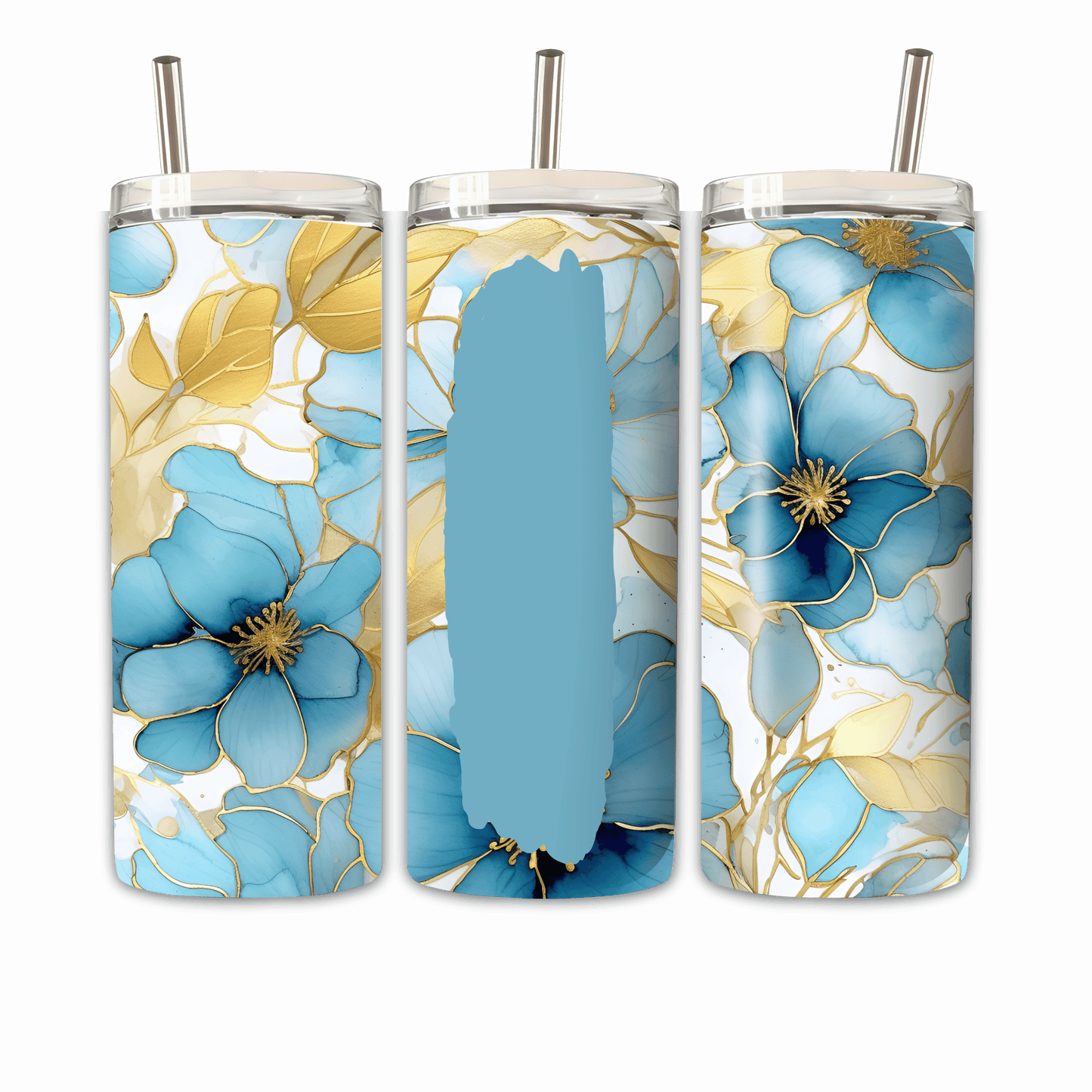 Tumbler Goldblaue Blume 3 Personalisierbar